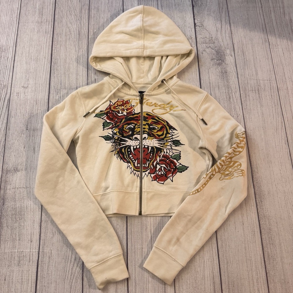 Ed Hardy Women's Small Tiger Rose Graphic Full Zip Hoodie Tattoo Y2K Babydoll